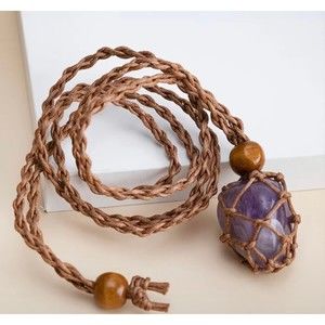 Amethyst stone charm braided brown necklace